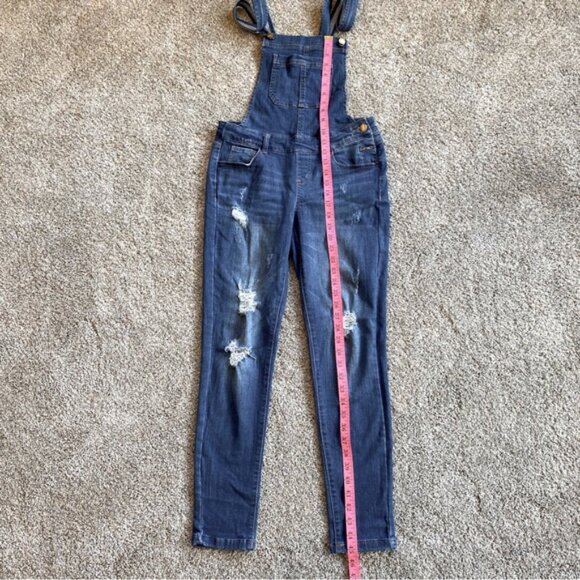 Wax Jean ankle length skinny leg stretch distressed denim overalls. Size S - Picture 12 of 12